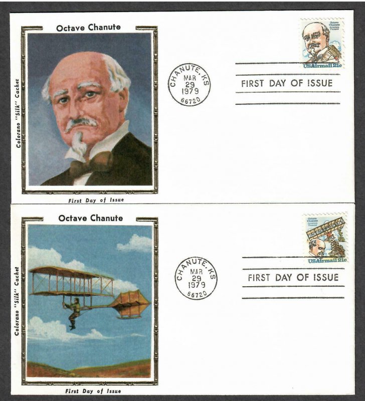 US # C93 & C94 Aviator Octave Chanute on 2 Colorano Silk FDCs - I Combine S/H