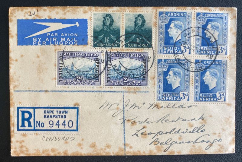 1942 Cape Town South Africa Early Airmail Cover to Leopoldoville Congo Belge