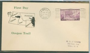 US 783 1936 3c Oregon Territory (single) on an addressed FDC with a Walla Walla, WA cancel and a Roessler cachet