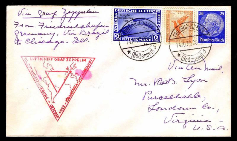 1933 GRAF ZEP. FRIEDRICHSHAFEN, TO WORLD'S FAIR, CHICAGO  EST. 425.00 (ESP#4485)