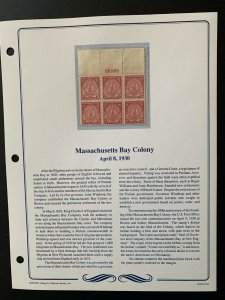 Scott #682 Massachusetts Bay Colony PLATE BLOCK 6 MNH good centering with page 