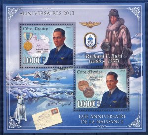 Ivory Coast 2013 Explorer Richard E. Byrd Dogs Coins Awards Sheet MNH