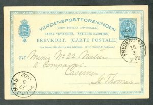 DWI #BK7 1CENT 1902 surcharge 2¢ card used to St.Thomas