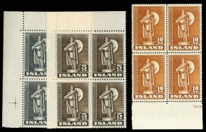 Iceland #229-230a,231 Cat$672+, 1947 Statues, set of three in blocks of four,...