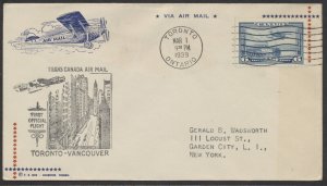 1939 Toronto to Vancouver Flight Cover MAR 1-2 Rice Air Mail Envelope #3903t
