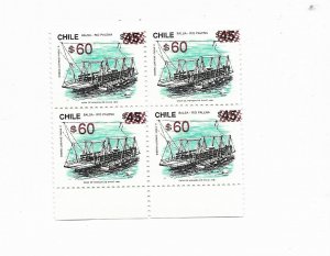 CHILE 1991 SHIPS BALSA RIO PALENA SURCHARGED STAMPS IN BLOCK OF FOUR MNH SC 1002