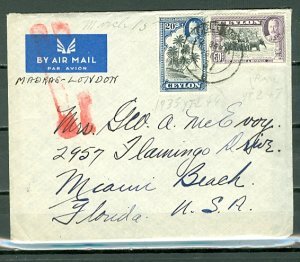 CEYLON 1937 #270/273 on PERSONAL AIR COVER (LETTER INCLUDED) to US
