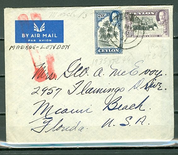 CEYLON 1937 #270/273 on PERSONAL AIR COVER (LETTER INCLUDED) to US