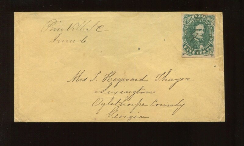 Confederate States 1 Used on Cover Pine Ville SC to Georgia (LV 1226)