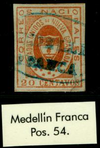 COLOMBIA 1861 ARMS of New GRANADA 20c red Sc# 17  MEDELLIN - FRANCA blue cxl