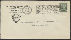 1929 Royal Brush Advertising Cover Hamilton Ont Santa Mail Early Slogan