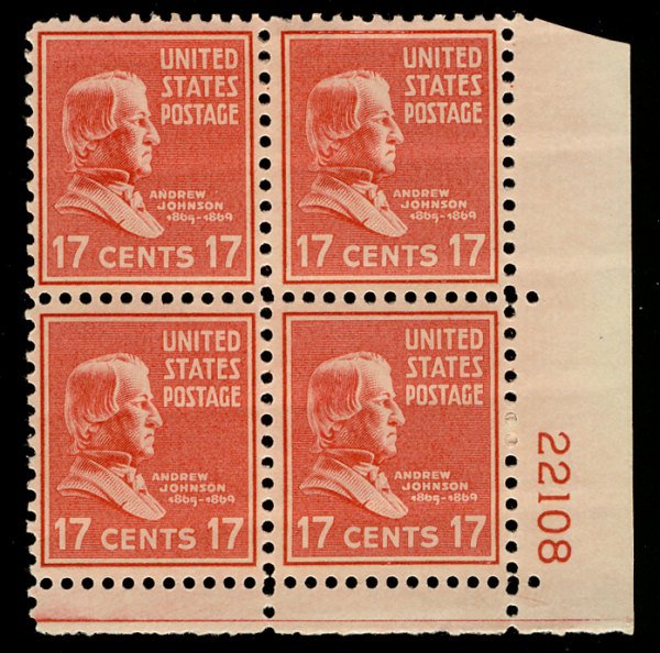 US #822 PLATE BLOCK, SUPERB mint lightly hinged, 17c Johnson, post office fre...