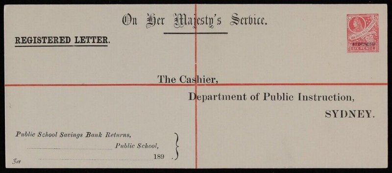 NEW SOUTH WALES Registered Official Envelope 1891 Centennial QV 6d OS SPECIMEN