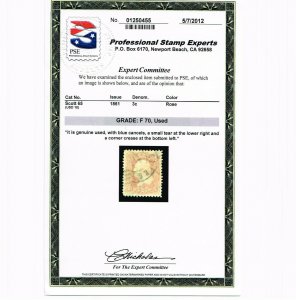 EXCELLENT GENUINE SCOTT #65 USED 1861 ROSE PSE CERT GRADED F-70 BLUE TOWN CANCEL