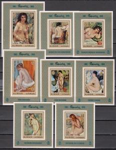 Ajman, Mi Cat. 853-860 C.  Nude Paintings by Renoir issue as s/sheets. ^