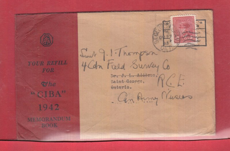 3 cent War Issue on Forces Nurses cover refill for the CIBA 1942 Mem book permit