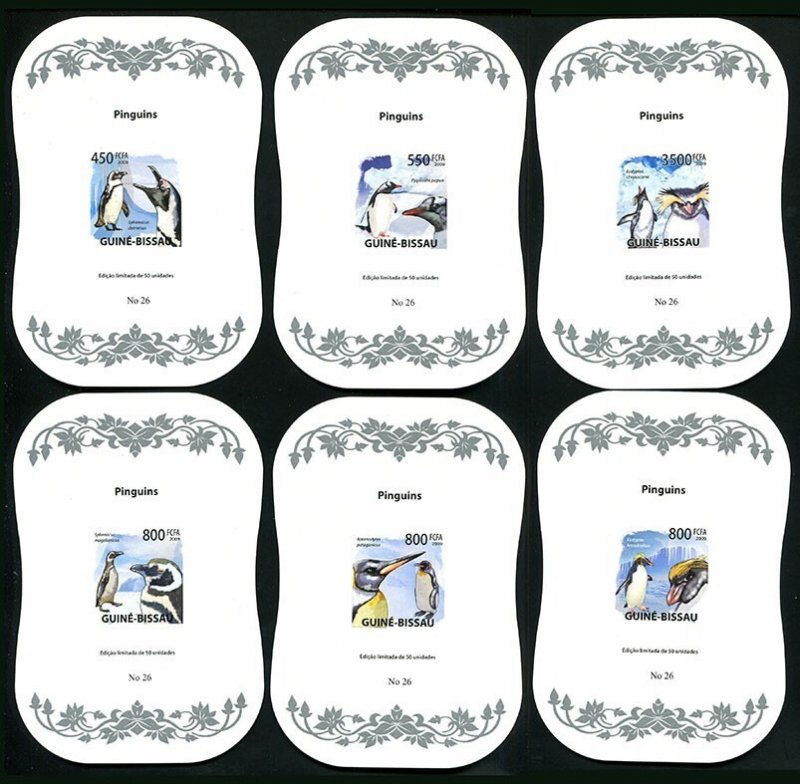 Ly586 2009 Guinea-Bissau Penguins Birds Fauna Silver ! Cardboard 6Bl Mnh