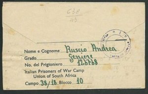 SOUTH AFRICA 1943 Prisoner of War lettersheet to ITALY.....................61065 