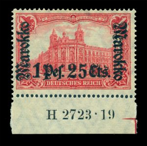 German Colonies - MOROCCO 1911 Surch. 1p25c /1mk  Sc# 54 mint MH w/ PLATE NUMBER