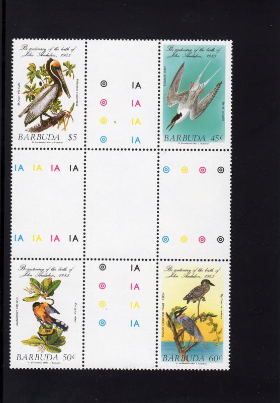 Barbuda 1985 Sc#701/704 BIRDS AUDUBON BICENTENARY UNIQUE CROSS BLOCK MNH