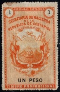 1882 Costa Rica Revenue 1 Peso Coats of Arms General Tax Duty Unused