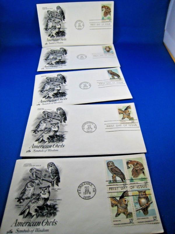 U.S. FIRST DAY COVER SETS - SET of 5 - 1978 AMERICAN OWLS   (FDC-23x)