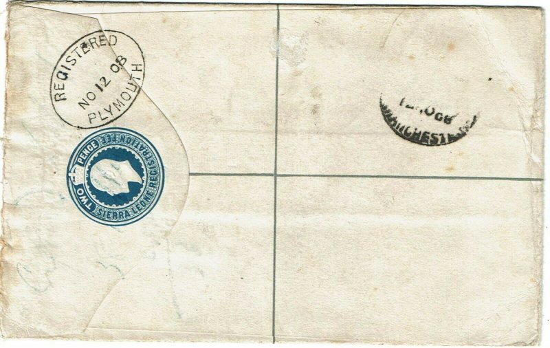 Sierra Leone 1908 oval cancel on registry envelope to England