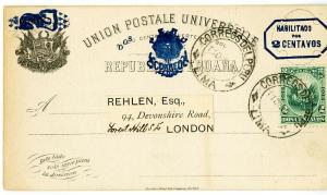 Peru Rare Card w/ Stamp tied back stamped to London