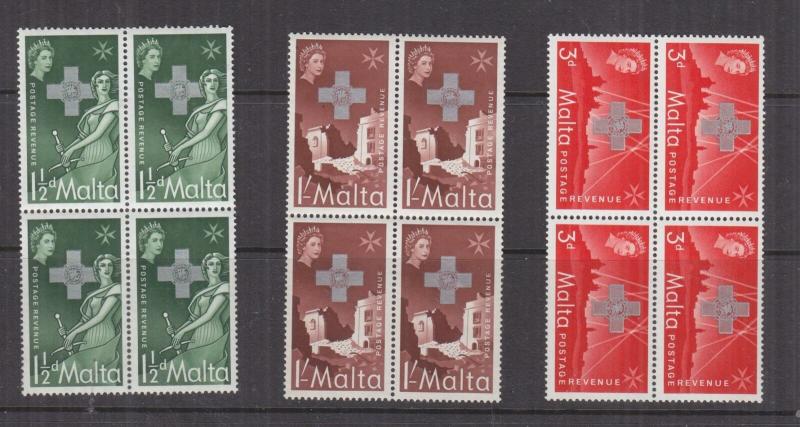 MALTA, 1957 George Cross set of 3, blocks of 4, mnh.