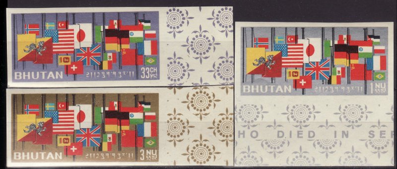 1964 Bhutan Flags imperf complete set MNH Sc# 31 32 33 CV: $20.00