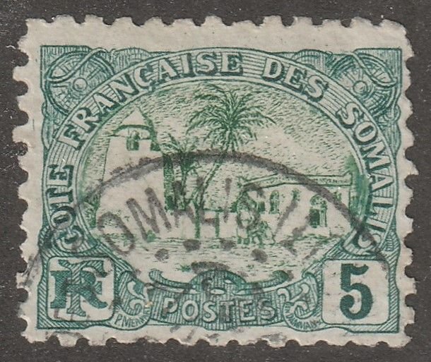 Somali Coast Postage Stamp Scott#37, Used Hinged 5, Palm, House, Post mark