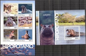 Guinea Bissau 2016 Hippopotamus sheet + S/S MNH