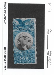 $50 2nd Issue Revenue Tax Stamp, Sc # R131, used. Nice Canx (55920)