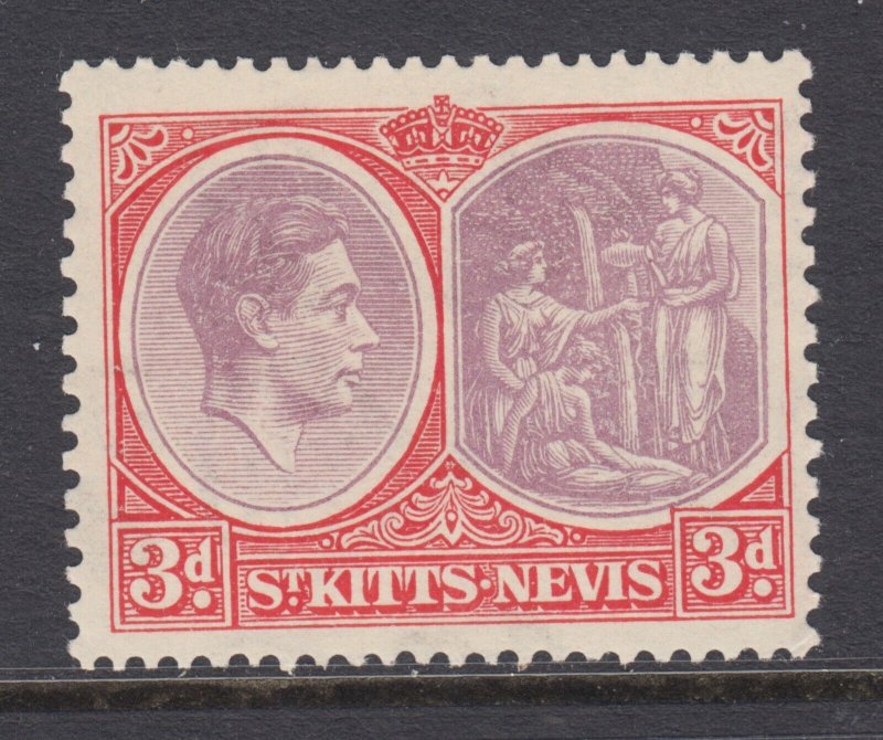 St. Kitts-Nevis, Sc 84 MLH. 1938 scarlet & dull reddish purple KGVI & CoA, F-VF