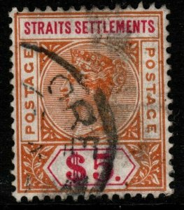 MALAYA STRAITS SETTLEMENTS SG105 1898 $5 ORANGE & CARMINE USED