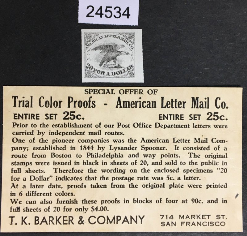 US STAMPS # 1 AMERICAN LETTER MAIL TRIAL COLOR PROOF ON INDIA CAT. $ LOT #24534