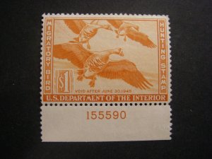 RW11, $1 White-fronted Geese, Plate single, #155590, MNH Beauty, 1944 Duck Stamp