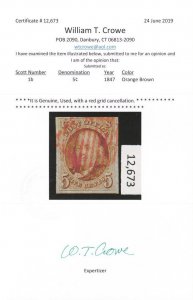 1b, Used VF/XF 5¢ Red Cancel - With Certificate * Stuart Katz