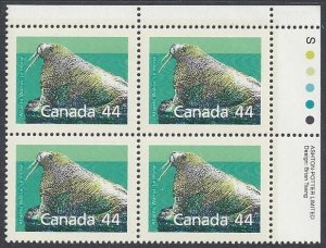 Canada #1171i  MNH plate block, Atlantic walrus, issued 1988 on Slater paper