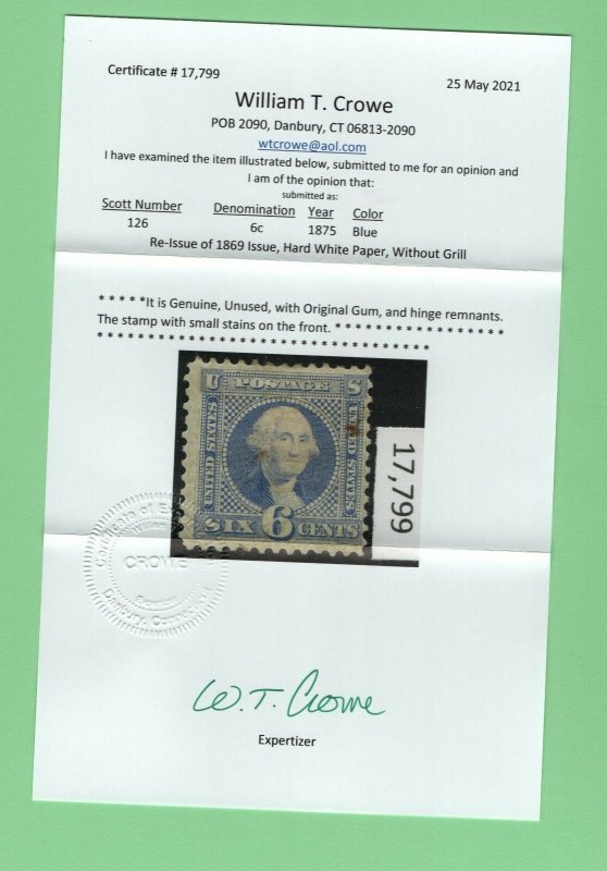 $US Sc#126 M/H/F, RARE Re-issue, Crowe Cert, Cv. $1900