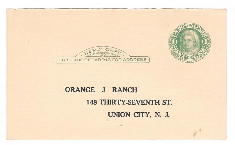 UY7 Reply Postal Card Orange J Ranch Donkey Baseball Union City NJ Inquiry