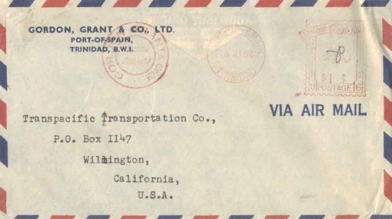 Trinidad 20c Meter 1954 Port-of-Spain, Trinidad Airmail to Wilmington, Calif....