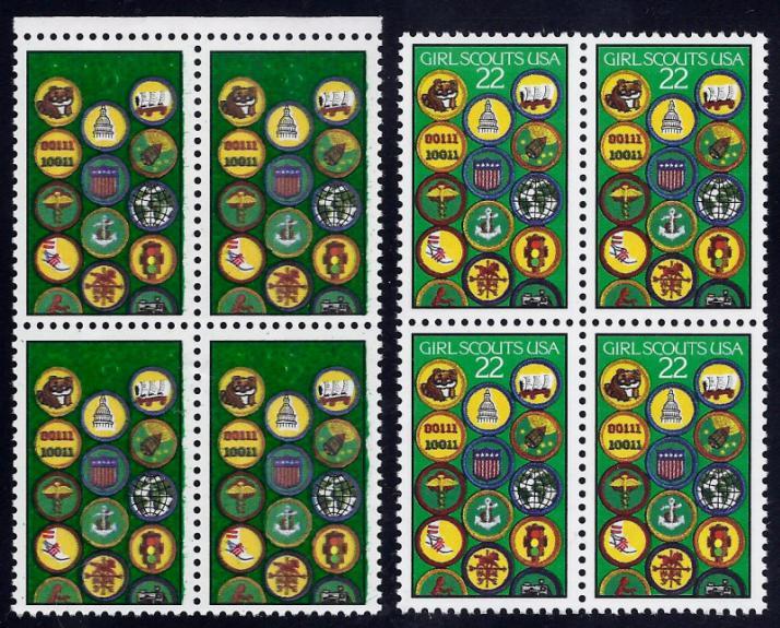 2251 - Scarce Heavily Overinked Block 4 Error / EFO Girl Scouts 75th Anniv. Mint