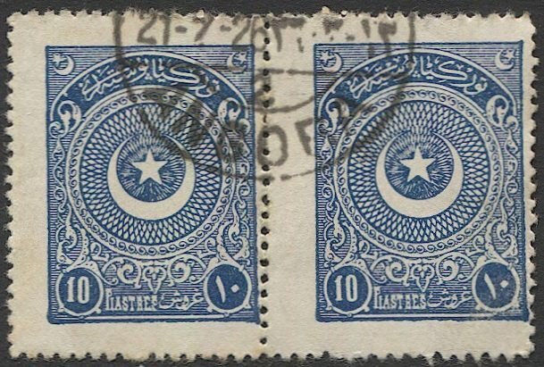 TURKEY 1923 Sc 615a  Used  Pair 10pi with ANGORA postmark/cancel