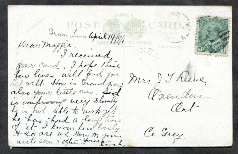 813 - GREENLAWN Alberta 1908 Broken Circle on Winnipeg Postcard to Oxenden Ont