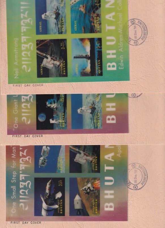 Sc# 108 M N O Bhutan FDC complete Space souvenir sheet set of 3 unaddressed 