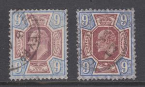 Great Britain Sc 136, 136d used. 1902-11 9p KEVII definitives, 2 printings