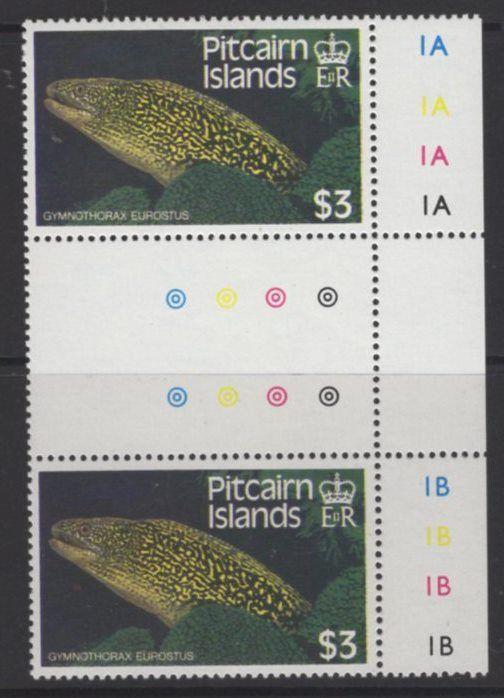 PITCAIRN ISLANDS SG313w 1988 $3 FISH WMK CROWN TO RIGHT OF CA GUTTER PAIR MNH 