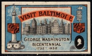 1932 US Poster Stamp Visit Baltimore George Washington Bicentennial