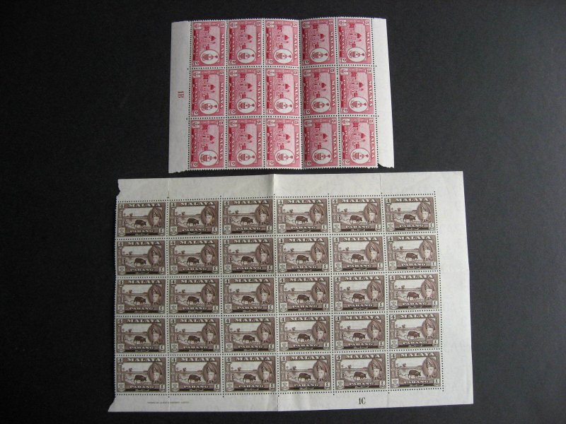 Malaya Pahang Sc 74, 75 MNH folded plate blocks of 30, 15 check them out!